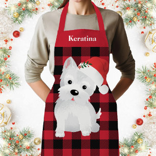 West Highland Dog With Santa Hat Buffalo Plaid Apron