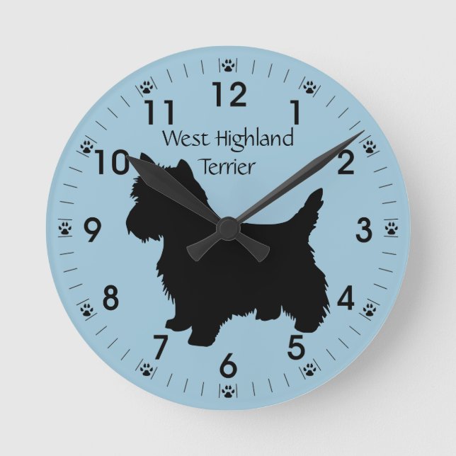 West Highland Terrier Dog Silhouette Personalised Round Clock (Front)