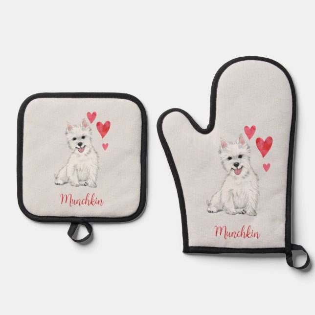 West Highland Terrier White Fur Westie Oven Mitt & Pot Holder Set (Front)