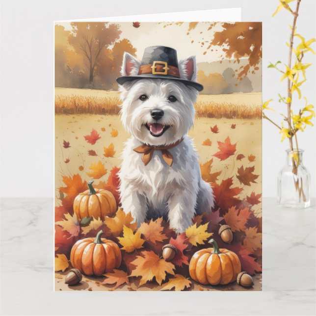 West Highland White Terrier Autumn Leaves Card (Yellow Flower)