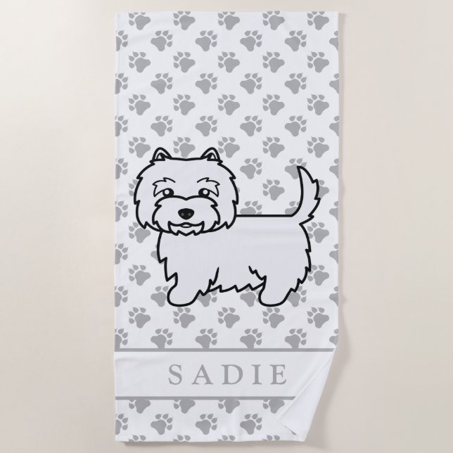 West Highland White Terrier Cartoon Dog & Name Beach Towel (Front)