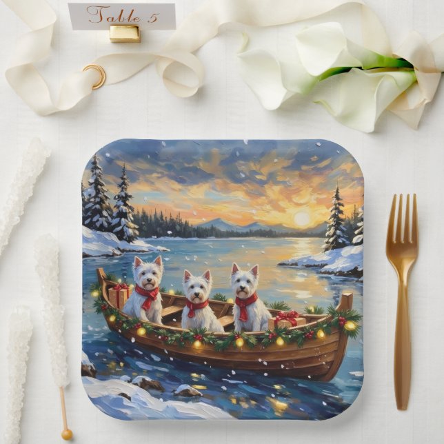 West Highland White Terrier Christmas Boat Holiday Paper Plate (Wedding)