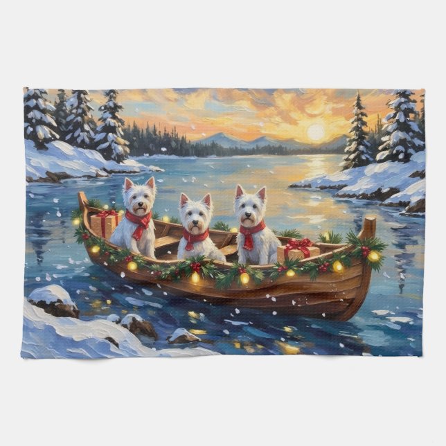 West Highland White Terrier Christmas Boat Holiday Tea Towel (Horizontal)