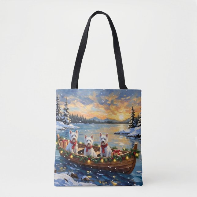 West Highland White Terrier Christmas Boat Holiday Tote Bag (Front)