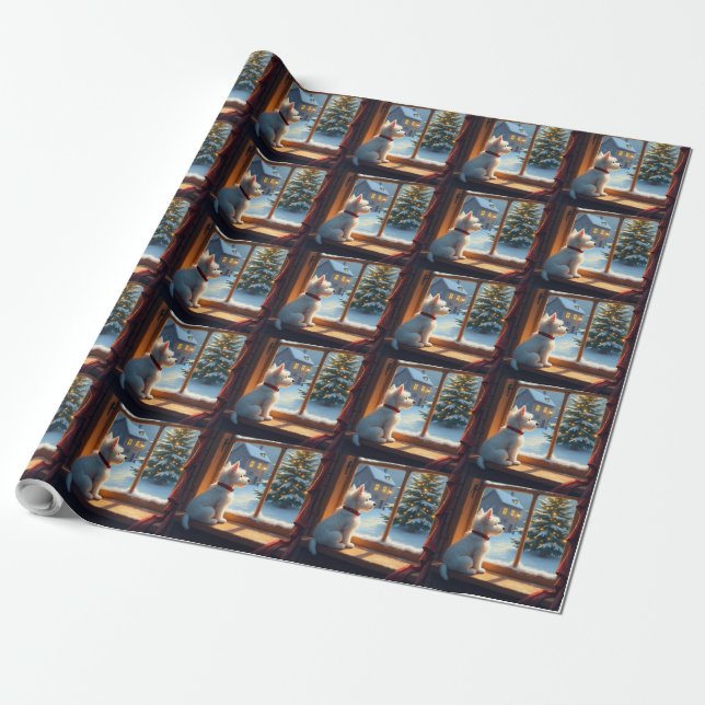 West Highland White Terrier Christmas Morning View Wrapping Paper (Unrolled)