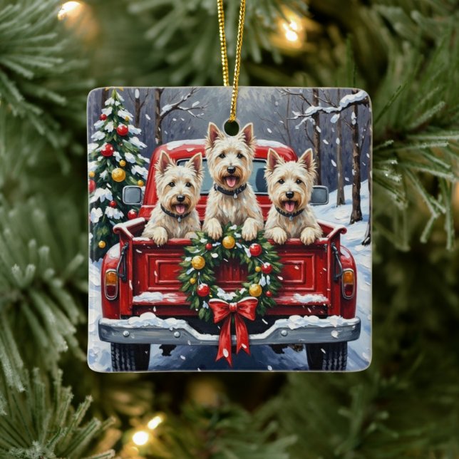 West Highland White Terrier Christmas Red Truck Ceramic Ornament (Tree)