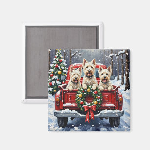 West Highland White Terrier Christmas Red Truck Magnet