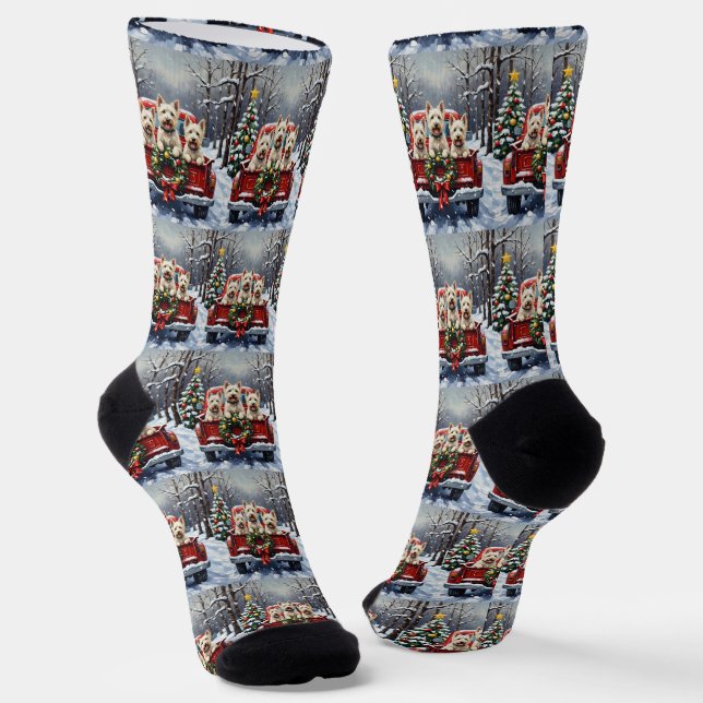 West Highland White Terrier Christmas Red Truck Socks (Angled)