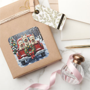 West Highland White Terrier Christmas Red Truck Square Sticker