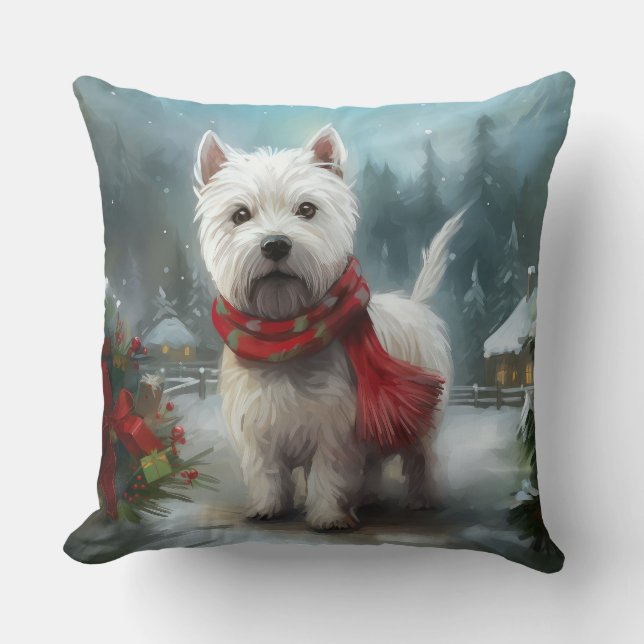West Highland White Terrier Dog in Snow Christmas Cushion (Front)