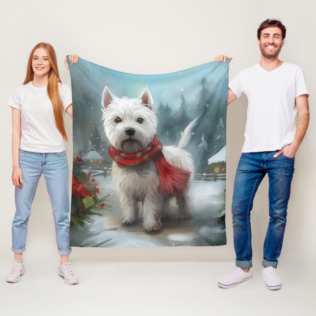 West Highland White Terrier Dog in Snow Christmas Fleece Blanket (In Situ)