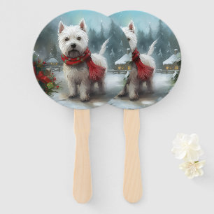 West Highland White Terrier Dog in Snow Christmas Hand Fan