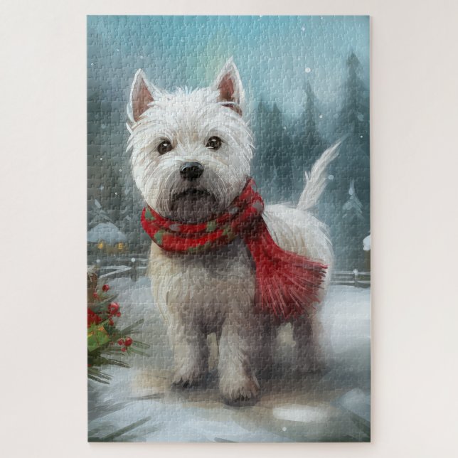 West Highland White Terrier Dog in Snow Christmas Jigsaw Puzzle (Vertical)
