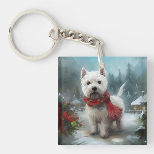 West Highland White Terrier Dog in Snow Christmas Key Ring (Front)