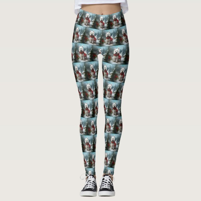 West Highland White Terrier Dog in Snow Christmas Leggings (Front)
