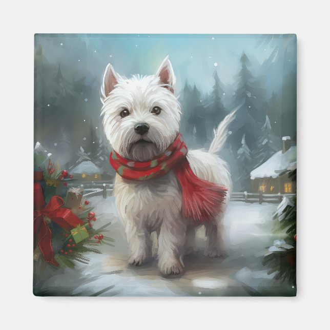 West Highland White Terrier Dog in Snow Christmas Magnet (Front)