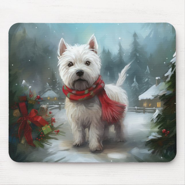 West Highland White Terrier Dog in Snow Christmas Mouse Pad (Front)