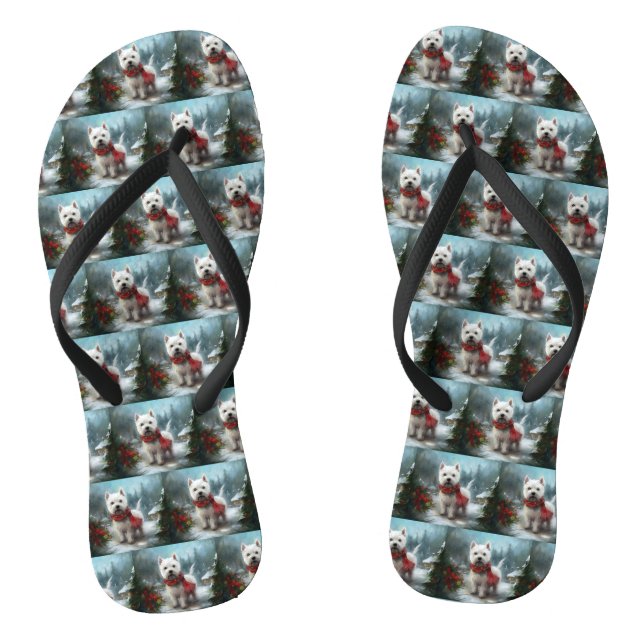 West Highland White Terrier Dog in Snow Christmas Thongs (Footbed)