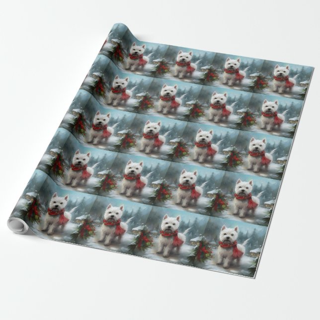 West Highland White Terrier Dog in Snow Christmas Wrapping Paper (Unrolled)