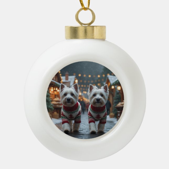 West Highland White Terrier Dogs Christmas Snow  Ceramic Ball Christmas Ornament (Front)