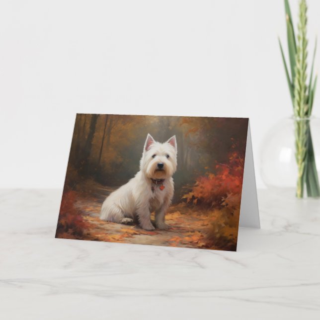 West Highland White Terrier in Autumn Leaves Fall Card (Front)