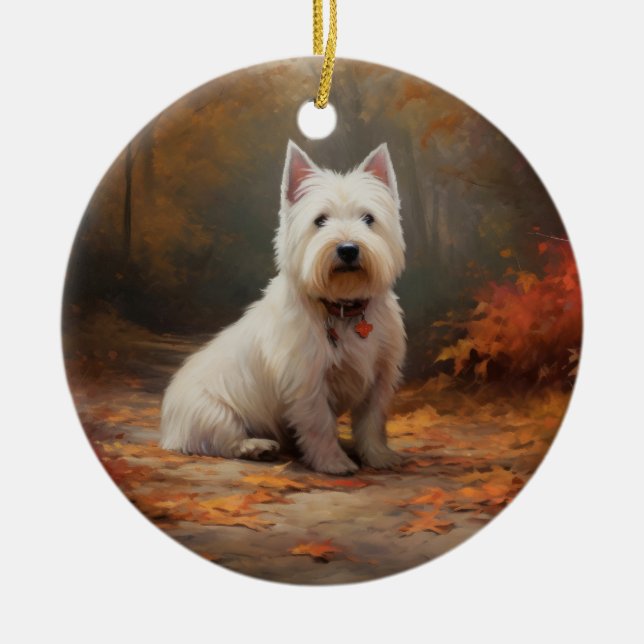 West Highland White Terrier in Autumn Leaves Fall Ceramic Ornament (Front)
