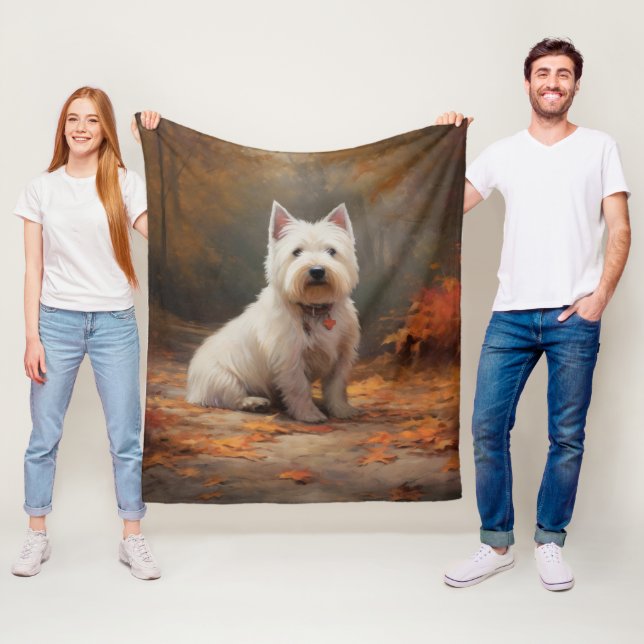 West Highland White Terrier in Autumn Leaves Fall Fleece Blanket (In Situ)