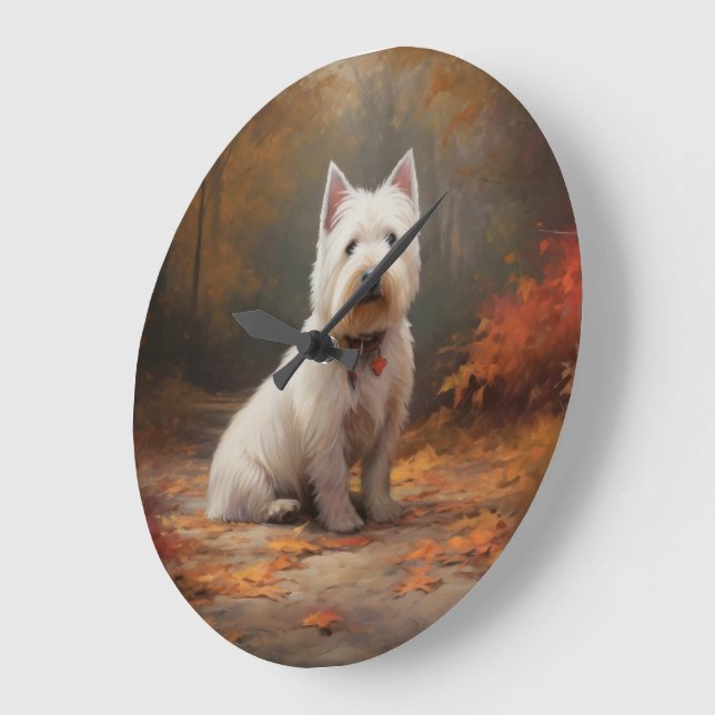 West Highland White Terrier in Autumn Leaves Fall Large Clock (Angle)