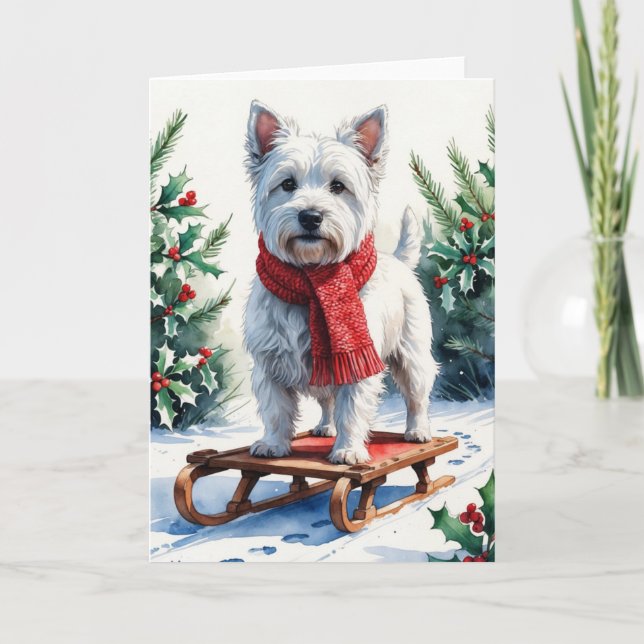 West Highland White Terrier on Sled Watercolor Art Card (Front)