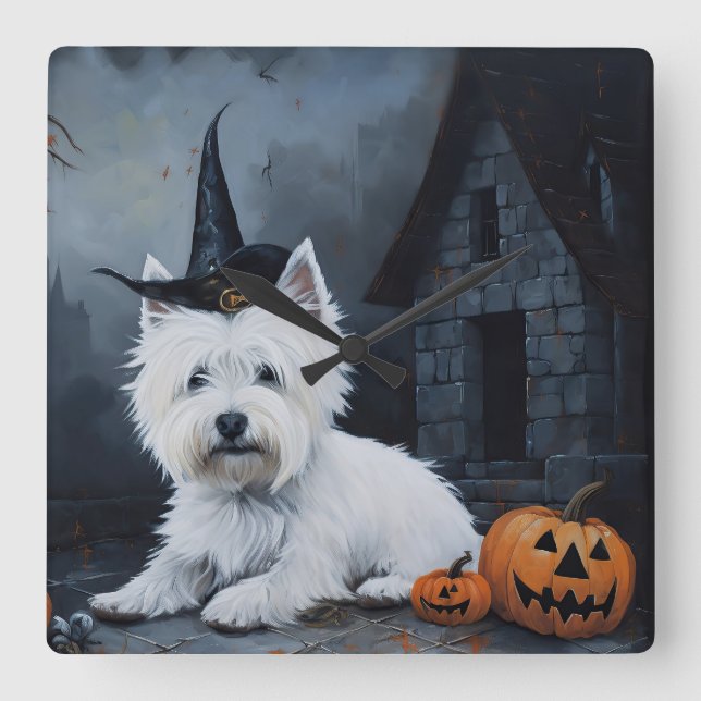 West Highland White Terrier Pumpkin Halloween  Square Wall Clock (Front)