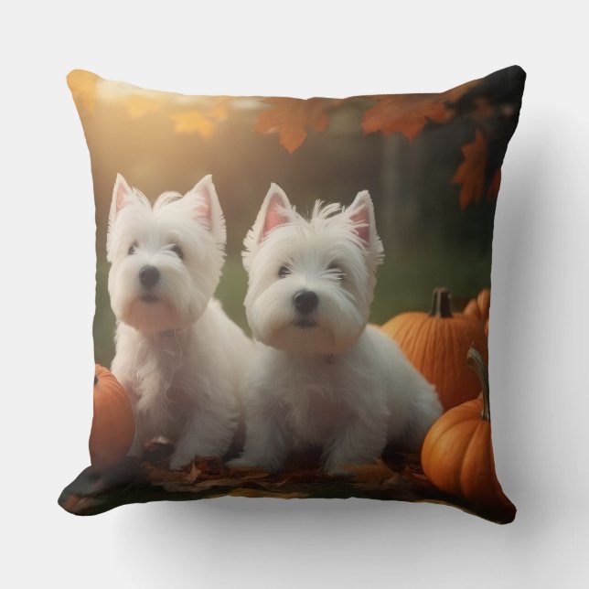 West Highland White Terrier Puppy Autumn Pumpkin Cushion (Front)