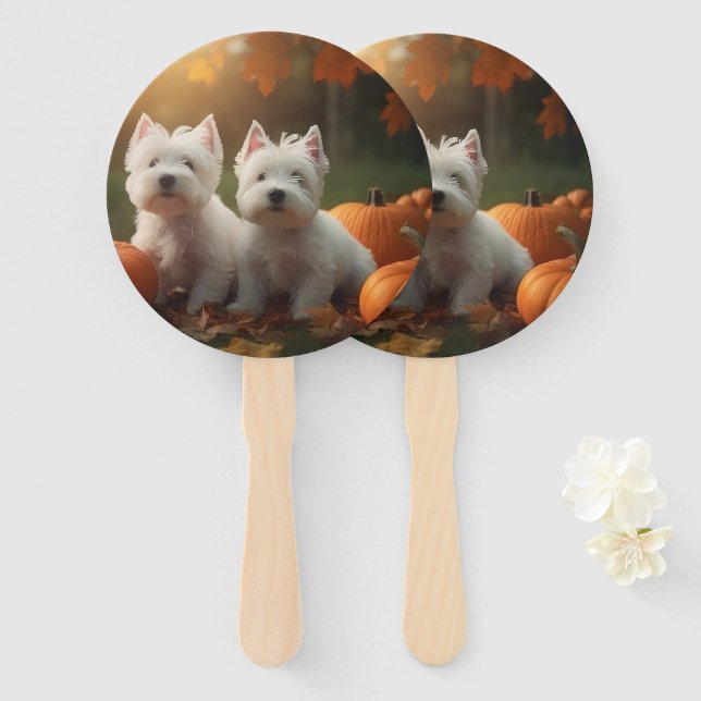 West Highland White Terrier Puppy Autumn Pumpkin Hand Fan (Front and Back)