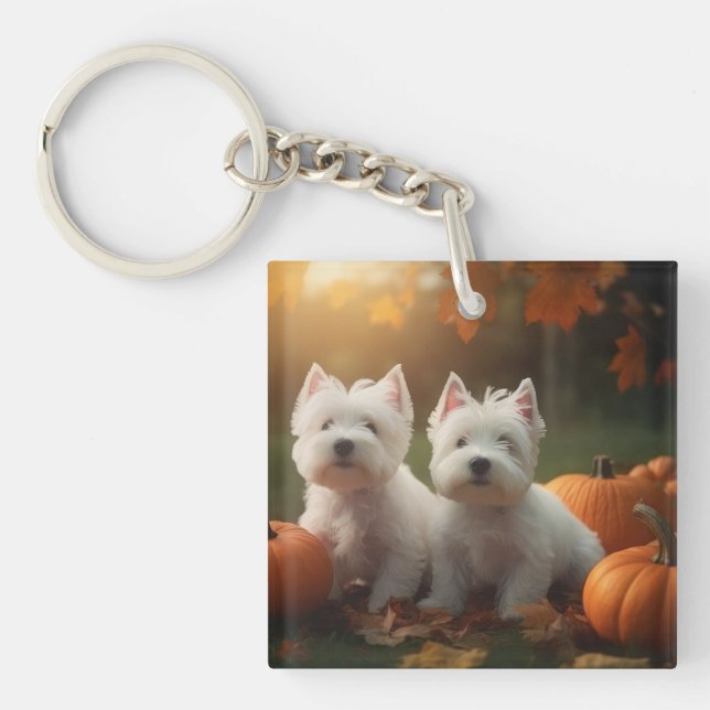 West Highland White Terrier Puppy Autumn Pumpkin Key Ring (Front)