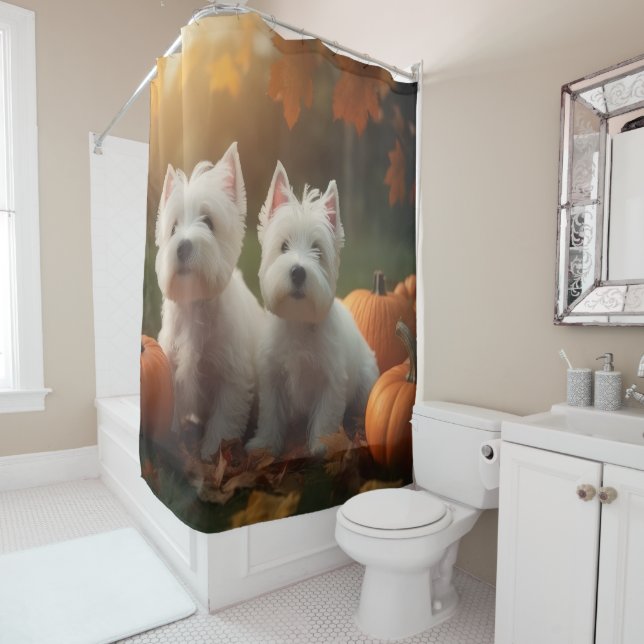 West Highland White Terrier Puppy Autumn Pumpkin Shower Curtain (In Situ)