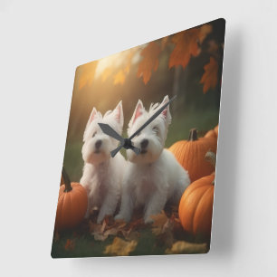 West Highland White Terrier Puppy Autumn Pumpkin Square Wall Clock