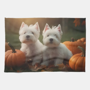 West Highland White Terrier Puppy Autumn Pumpkin Tea Towel