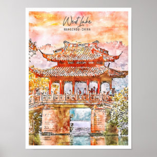 West Lake Hangzhou China vintage travel watercolor Poster