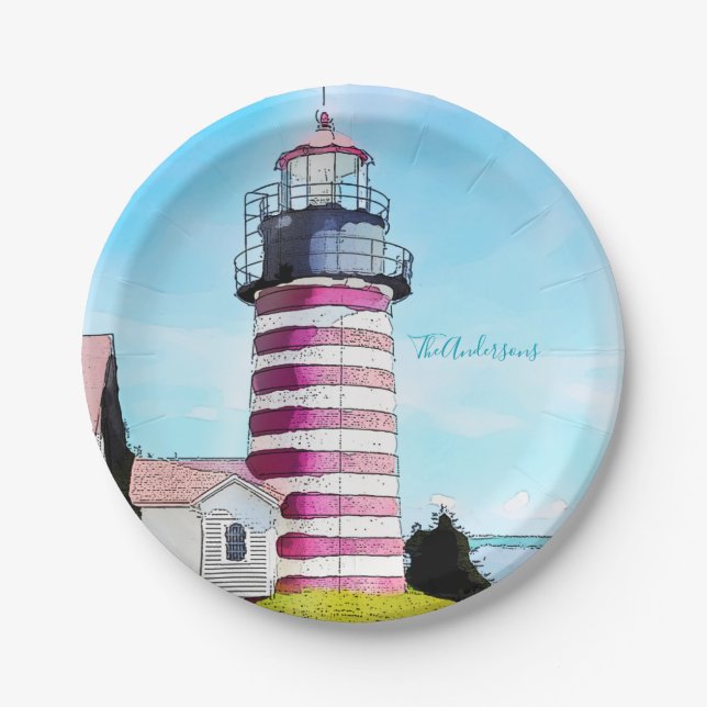 West Quoddy Head Ocean Lubec Maine Lighthouse Paper Plate (Front)