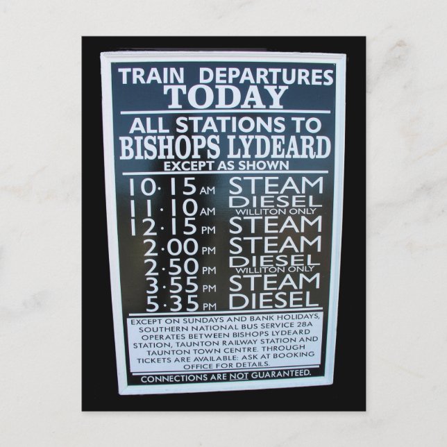 West Somerset Railway, Minehead station timetable Postcard (Front)