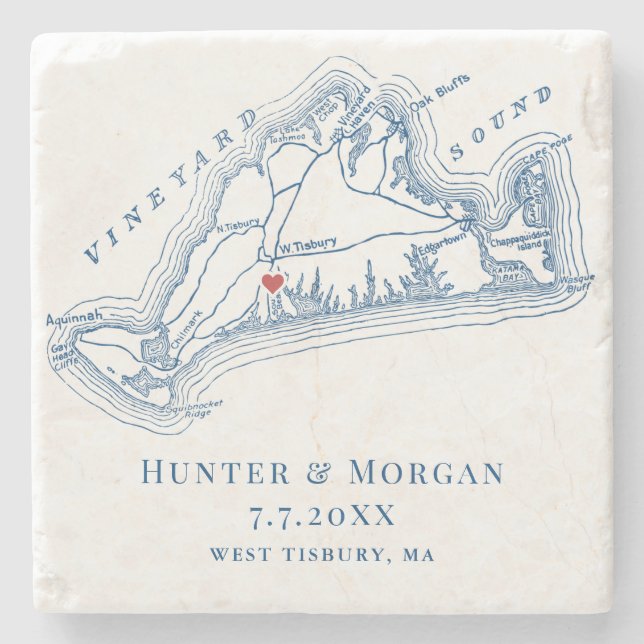 West Tisbury Map Blue Wedding Keepsake Favour Stone Coaster (Front)