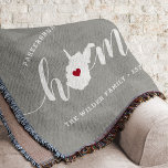 West Virginia Home State Personalised Throw Blanket<br><div class="desc">Show some home state pride with this cute rustic grey throw blanket featuring "home" in white calligraphy script lettering with a silhouette map of the state of West Virginia standing in for the letter "O." A red heart illustration inside the state map completes the design; you can change the position...</div>