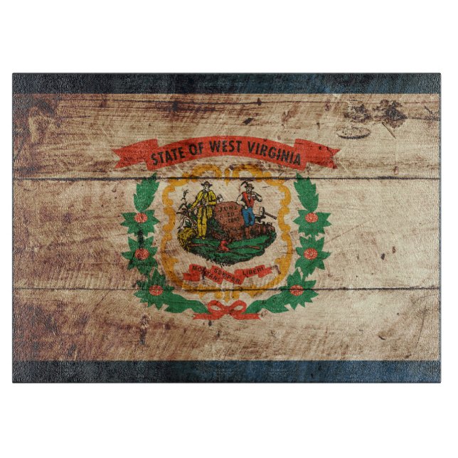 West Virginia State Flag on Old Wood Grain Cutting Board (Front)