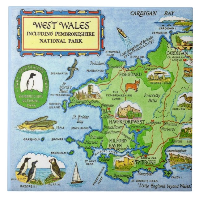 West Wales Vintage Map Ceramic Tile (Front)