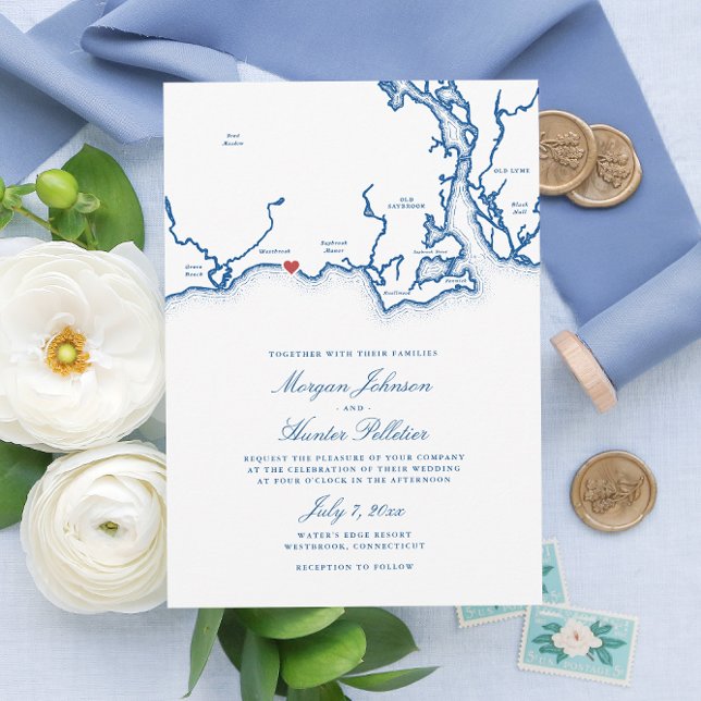 Westbrook CT Map Elegant Navy Blue Wedding Invitation (Westbrook CT Map Wedding Invitation for an elegant blue Connecticut seaside destination wedding )