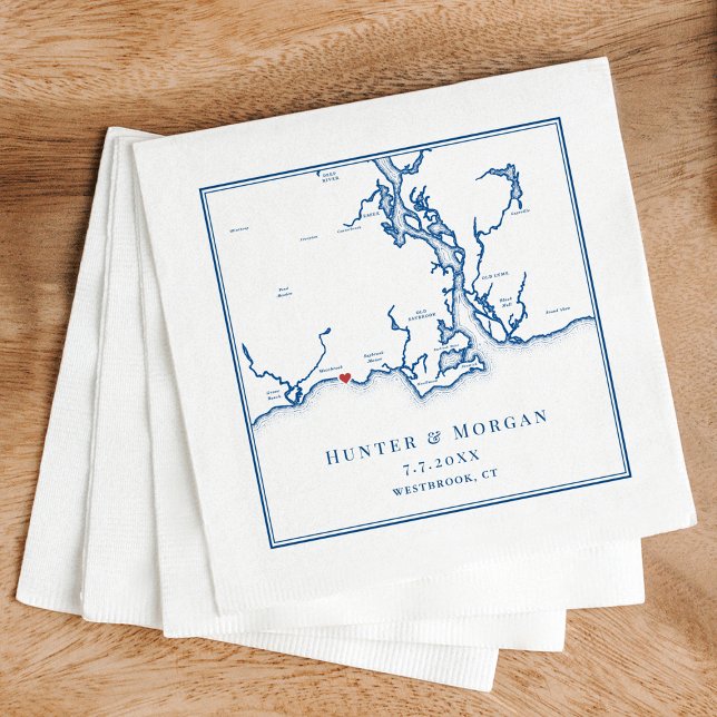 Westbrook CT Map Elegant Navy Blue Wedding Napkin (Westbrook CT Map Wedding Napkins for a Waters Edge Resort destination wedding in navy blue)