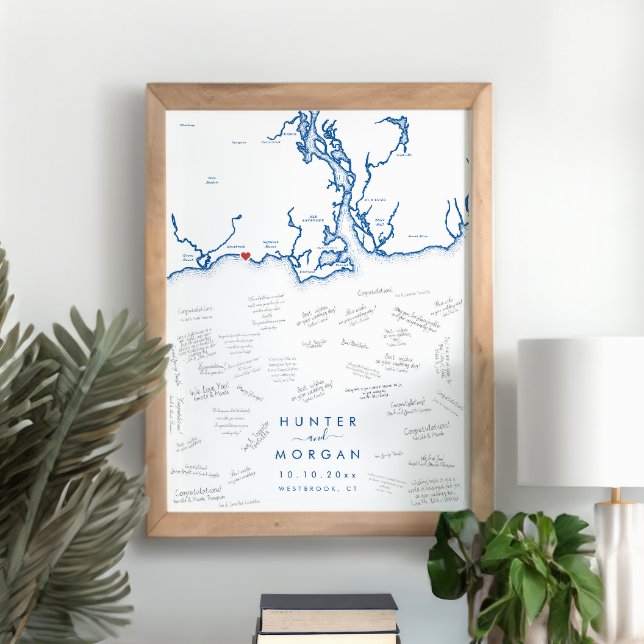 Westbrook Wedding Modern Navy Guest Book Poster (Westbrook CT Map Wedding Alternative Guest Book Poster in Modern Navy Blue from Coastal Map Designs)