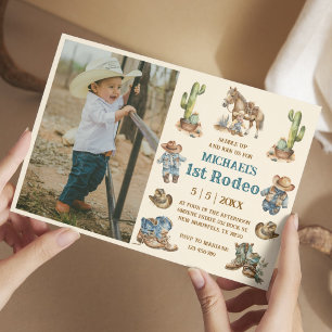 western 1st rodeo boy first birthday photo  invitation