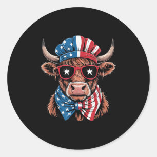 Western America Highland Cow Happy 4th Of July Cow Classic Round Sticker