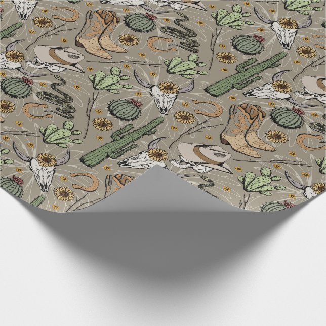 Western Americana Laughing Cowboy Skull and Cactus Wrapping Paper (Corner)