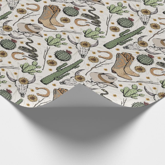 Western Americana Laughing Cowboy Skull and Cactus Wrapping Paper (Corner)